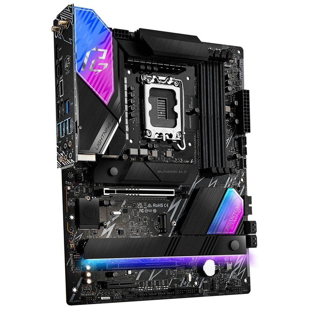 Фото Материнская плата ASRock Phantom Gaming Z890 LIGHTNING WIFI, LGA 1851, Intel Z890, 4xDDR5, 4xSATA, 4xM.2, 1xPCIe 5.0 x16, 1xPCIe 4.0 x4, 1xUSB-C Thunderbolt 4, 2xUSB-A 3.2 Gen 2, 4xUSB-A 3.2 Gen 1, 1xHDMI, 1x2.5Gb LAN, 5x3.5 мм, 7.1, ATX