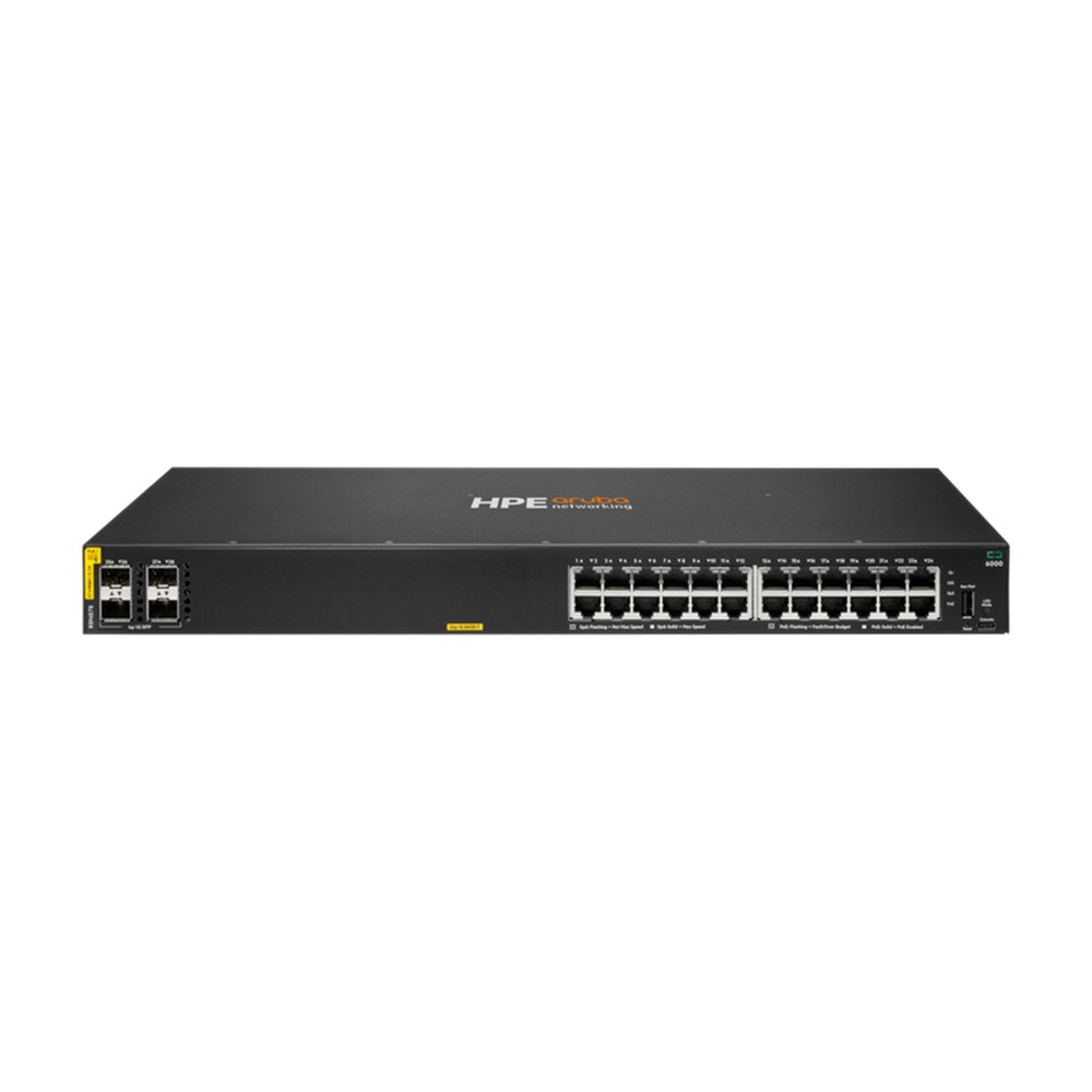 Фото Коммутатор HPE Aruba Networking CX 6000 24G Class4 PoE 4SFP 370W, 24×1 Гбит/с PoE+ + 4×1 Гбит/с SFP, управляемый
