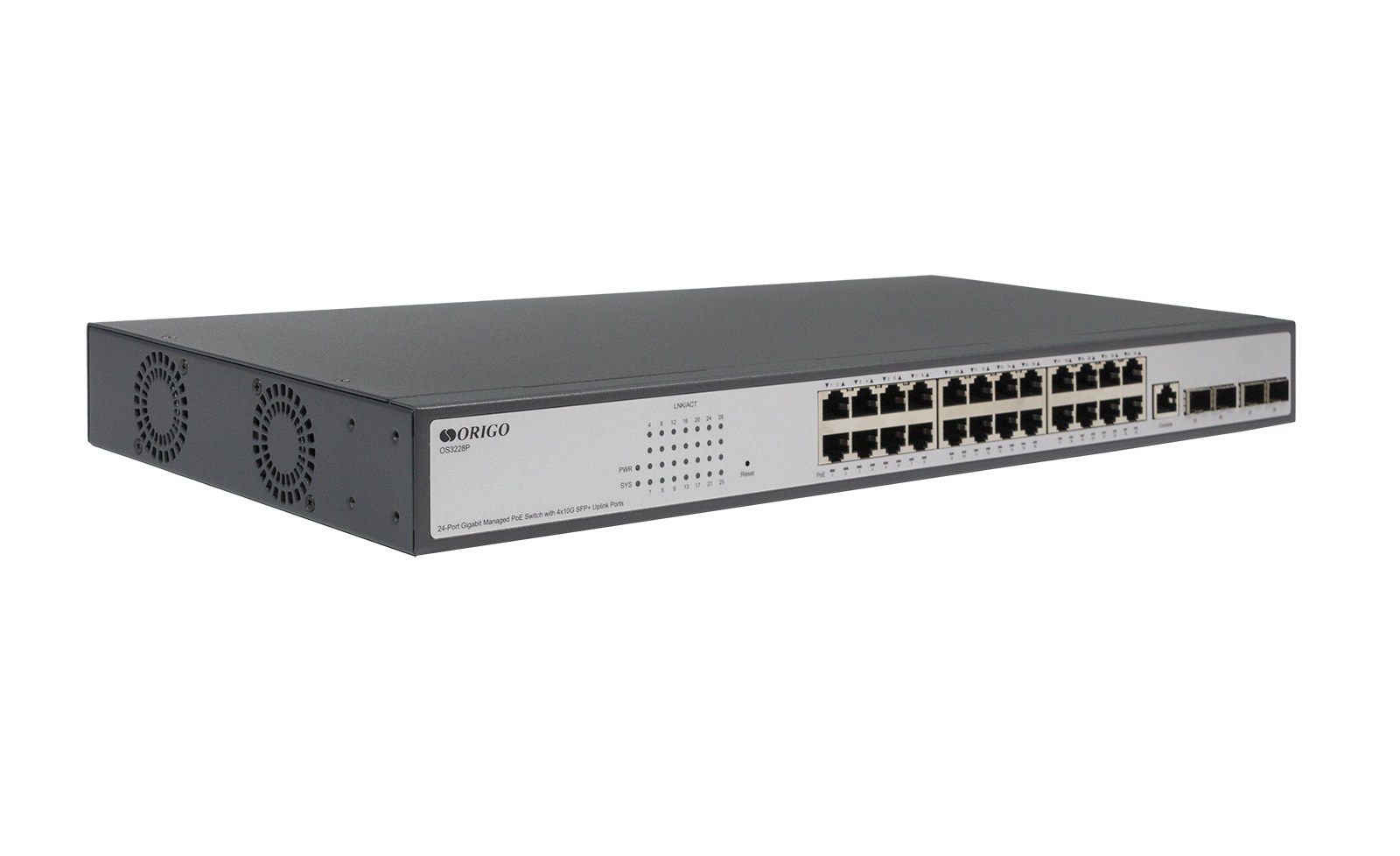 Фото Коммутатор ORIGO OS3228P/250W/A1A, 24×1 Гбит/с PoE+ + 4×10 Гбит/с SFP+ Uplink, управляемый