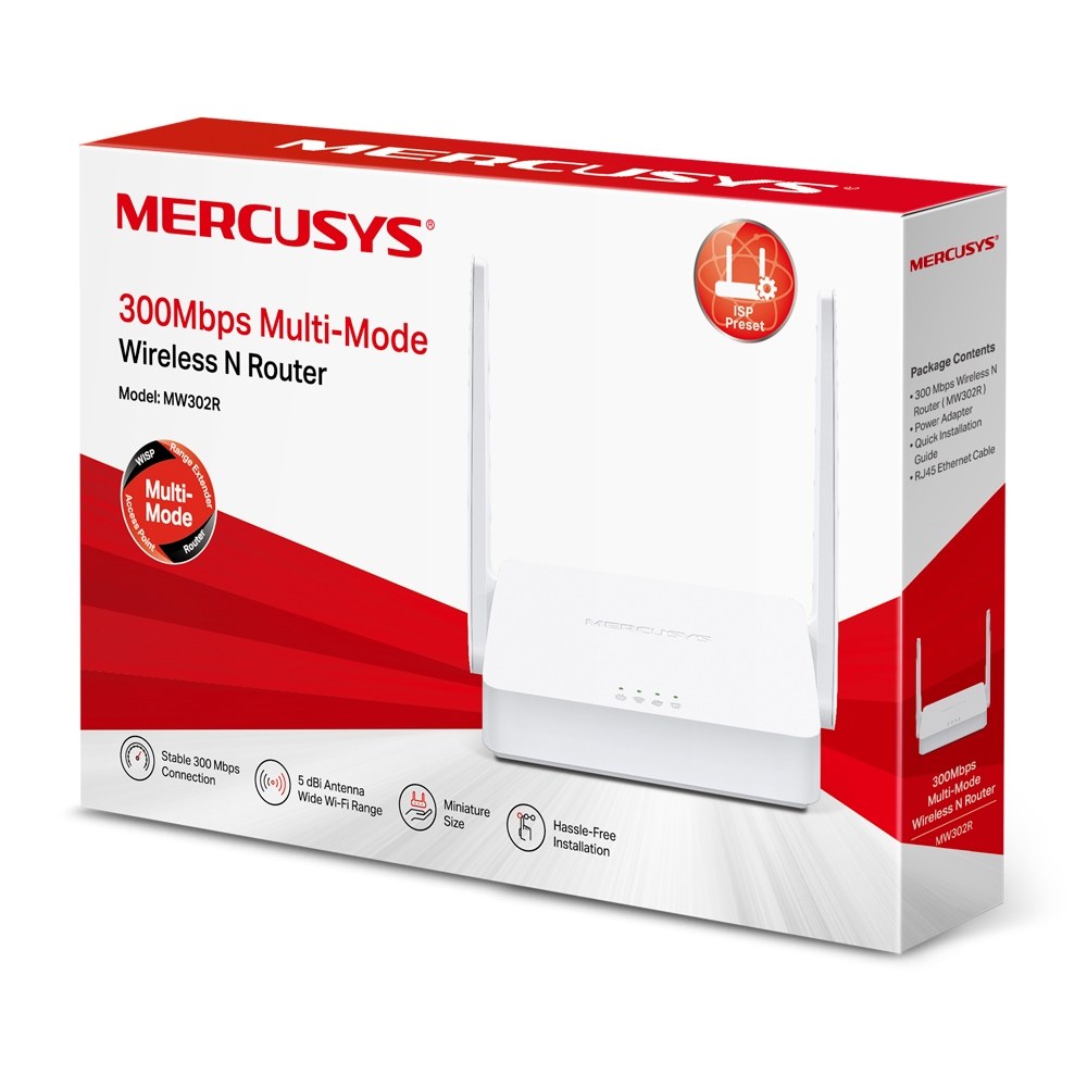 Фото Роутер Mercusys 300Mbps Multi-Mode Wireless N Router, 2× Fixed External Antennas, 2× 10/100 Mbps LAN Ports, 1× 10/100 Mbps WAN Port, FEATURE: Access Point Mode, WPS/Reset Button, IPTV, IPv6, Beamforming, MU-MIMO, Parental Controls, Guest Network