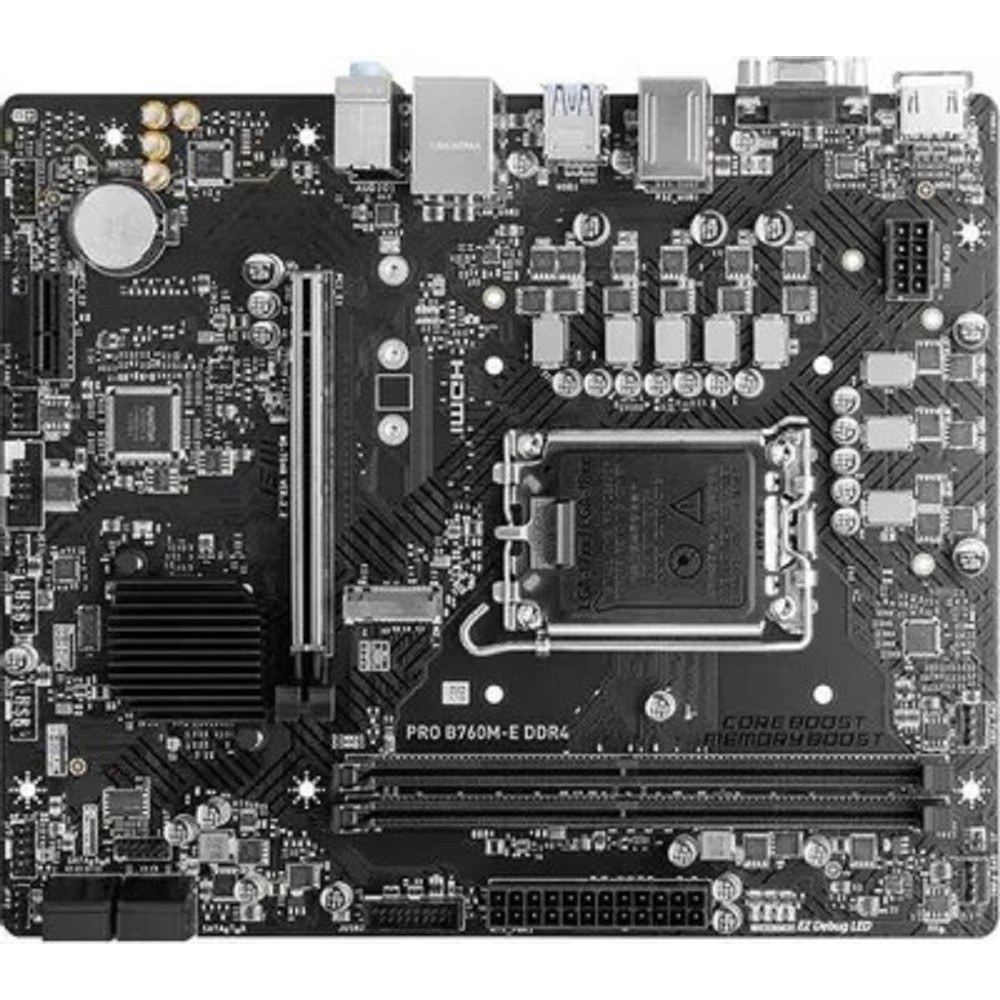 Фото Материнская плата MSI PRO B760M-E DDR4, LGA 1700, Intel B760, 2xDDR4, 4xSATA, 1xM.2, 1xPCIe 4.0 x16, 1xPCIe 4.0 x1, 1xHDMI, 1xVGA, 1x1Gb LAN, 2xUSB-A 3.2 Gen 1, 4xUSB-A 2.0, 3x3.5 мм, 7.1, mATX