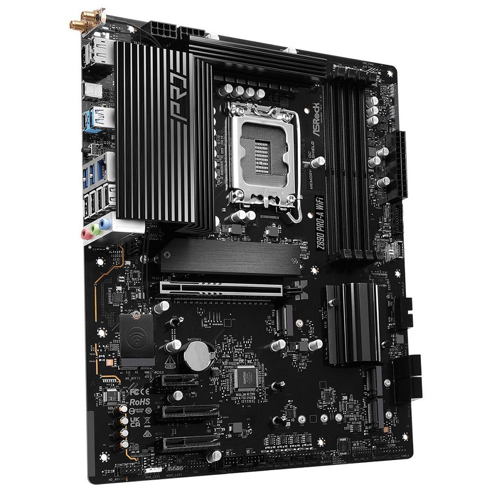 Фото Материнская плата ASRock Z890 PRO-A WIFI, LGA 1851, Intel Z890, 4xDDR5, 4xSATA, 4xM.2, 1xPCIe 5.0 x16, 2xPCIe 4.0 x4, 1xPCIe 4.0 x1, 1xHDMI, 1xDP, 1xThunderbolt 4, 1x2.5Gb LAN, 4xUSB-A 3.2 Gen 1, 2xUSB-A 3.2 Gen 2, 1xUSB-C 3.2 Gen 2, 2xUSB-C Thunderbolt 4