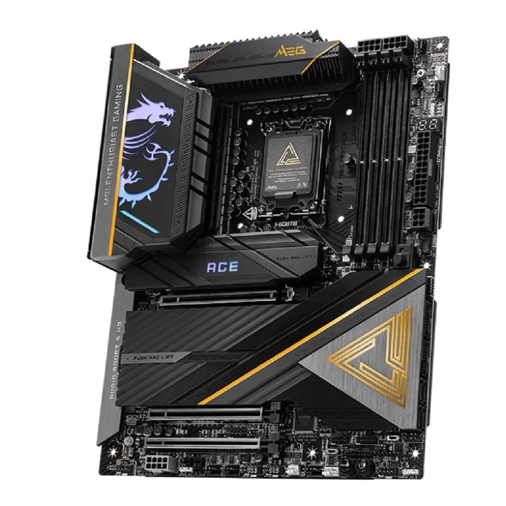 Фото Материнская плата MSI MEG Z890 ACE, LGA 1851, Intel Z890, 4xDDR5, 4xSATA, 5xM.2, 1xPCIe 5.0 x16, 1xPCIe 5.0 x8, 1xPCIe 4.0 x4, 1xHDMI, 1x 10Gb LAN, 11xUSB-A 3.2 Gen 2, 2xUSB-C 3.2 Gen 2, 2xThunderbolt 4, 2x3.5 мм, 7.1, ATX