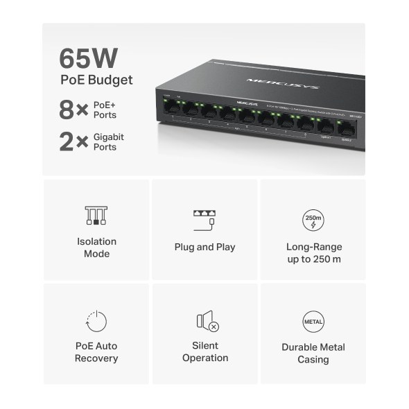 Фото Коммутатор настольный Mercusys MS110CP с 8 портами PoE+ 10/100 Мбит/c и 2 гигабитными портами