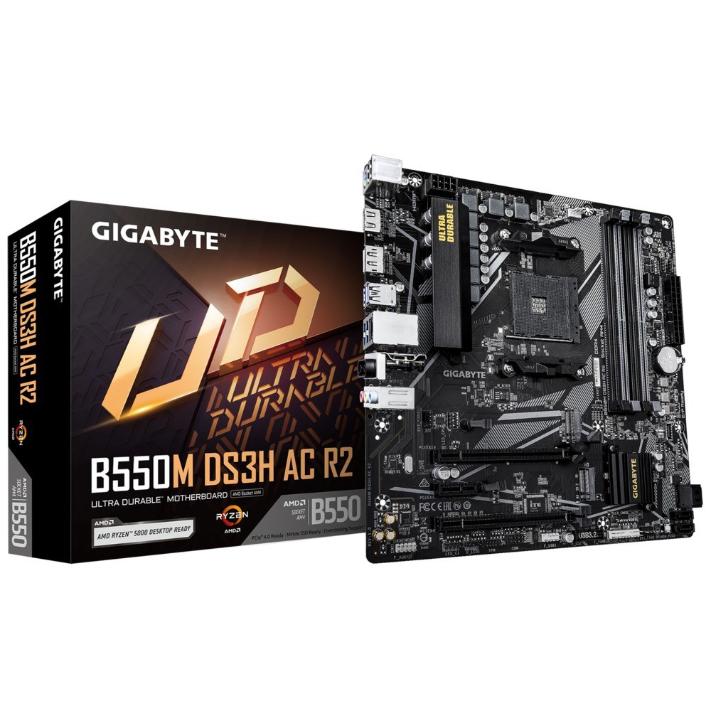 Фото Материнская плата Gigabyte B550M DS3H AC R2, AM4, AMD B550, 4xDDR4, 4xSATA, 2xM.2, 1xPCIe 4.0 x16, 1xPCIe 3.0 x4, 1xPCIe 3.0 x1, 1xDP, 1xHDMI, 1x1Gb LAN, Wi-Fi, Bluetooth 5.0, 4xUSB-A 5Gbps, 2xUSB-A 2.0, 3x3.5 мм, 7.1, mATX