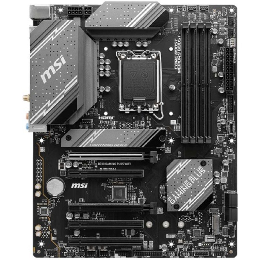 Фото Материнская плата MSI B760 GAMING PLUS WIFI, LGA 1700, Intel B760, 4xDDR5, 4xSATA, 2xM.2, 1xPCI-E 4.0 x16, 3xPCI-E 3.0 x1, 1xDP, 1xHDMI, 1x 2.5Gb LAN, 2xUSB-A 3.2 Gen 2, 4xUSB 2.0, 5x3.5 мм, 7.1, Standard-ATX