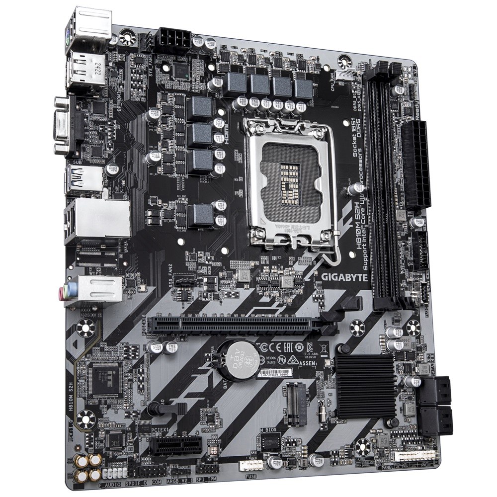 Фото Материнская плата Gigabyte H810M S2H, LGA1851, Intel H810, 2xDDR5, 4xSATA, 1xM.2, 1xPCIe 4.0 x16, 1xPCIe 3.0 x1, 1xDP, 1xHDMI, 1xD-Sub, 1x1Gb LAN, 1xUSB-C 5Gbps, 4xUSB-A 5Gbps, 7xUSB-A 2.0, 3x3.5 мм, 7.1, mATX