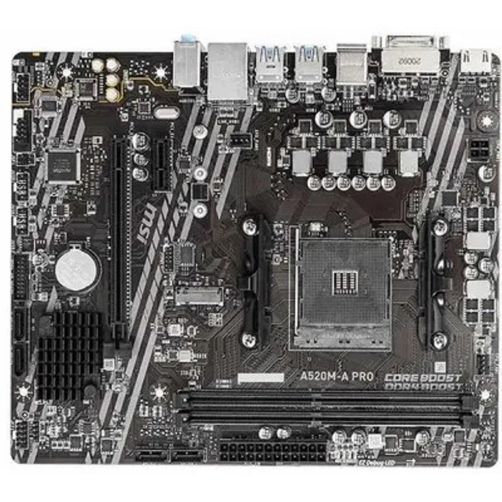 Фото Материнская плата MSI A520M-A PRO, AM4, AMD A520, 2xDDR4, 4xSATA, 1xM.2, 1xPCIe 3.0 x16, 1xDVI-D, 1xHDMI, 1x 1Gb LAN, 2xUSB 2.0, 4xUSB 3.2 Gen 1, 3x3.5 мм, 7.1, mATX