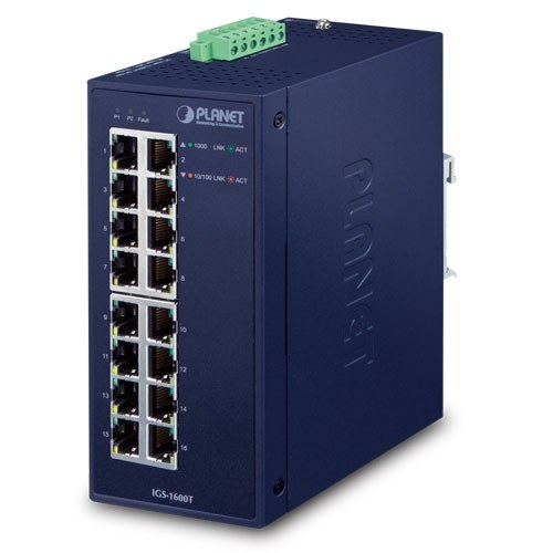Фото Коммутатор PLANET IGS-1600T IP30 Industrial 16-Port 10/100/1000T Gigabit Ethernet Switch (-40~75 degrees C, dual 12~48V DC/24V AC),UL certified