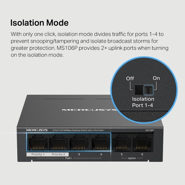 Фото Коммутатор настольный Mercusys MS106P с 6 портами 10/100 Мбит/с (4 порта PoE+)