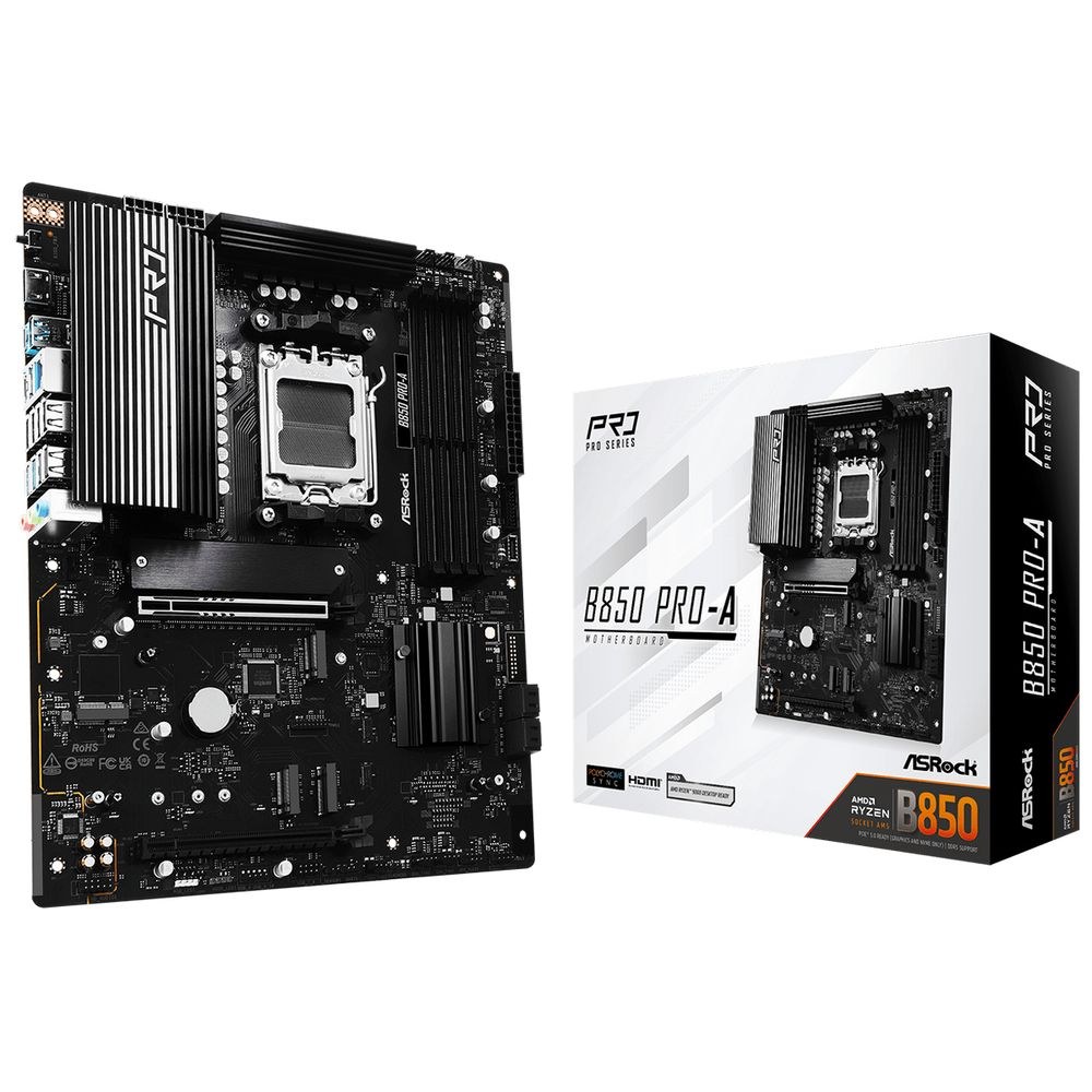 Фото Материнская плата ASRock B850 Pro-A, AM5, AMD B850, 4xDDR5, 4xSATA, 4xM.2, 1xPCIe 5.0 x16, 1xPCIe 4.0 x4, 1xHDMI, 1xUSB-C, 1x2.5Gb LAN, 1xUSB-C 10Gbps, 1xUSB-C 5Gbps, 4xUSB-A 5Gbps, 6xUSB-A 2.0, 3x3.5 мм, 7.1, ATX