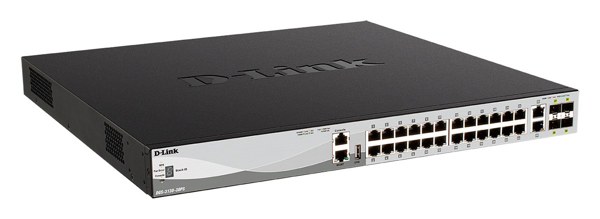 Фото Коммутатор D-Link DGS-3130-30PS/B2A, 24×1 Гбит/с + 2×10 Гбит/с Base-T + 4×10 Гбит/с SFP+, управляемый
