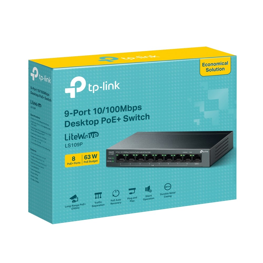 Фото Коммутатор настольный TP-Link LS109P с 9 портами 10/100 Мбит/с (8 портов PoE+)