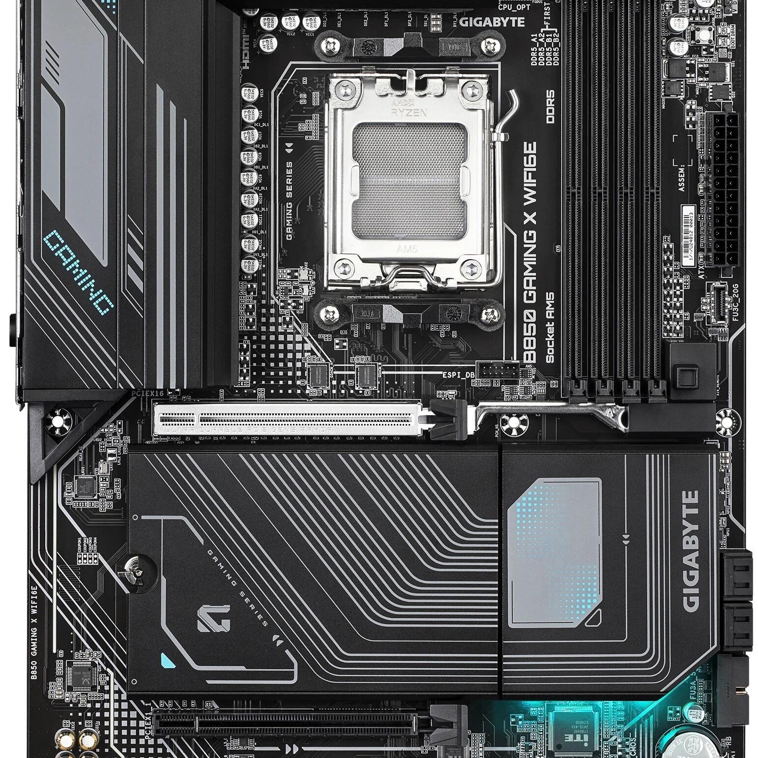 Фото Материнская плата Gigabyte B850 GAMING X WIFI6E, AM5, AMD B850, 4xDDR5, 4xSATA, 3xM.2, 1xPCI-E 5.0 x16, 2xPCI-E 3.0 x1, 1xHDMI, 1xDP, 1x 2.5Gb LAN, 3xUSB-A 3.2 Gen 1, 1xUSB-A 3.2 Gen 2, 3xUSB-A 2.0, 1xUSB-C 3.2 Gen 2, 3x3.5 мм, 7.1, ATX