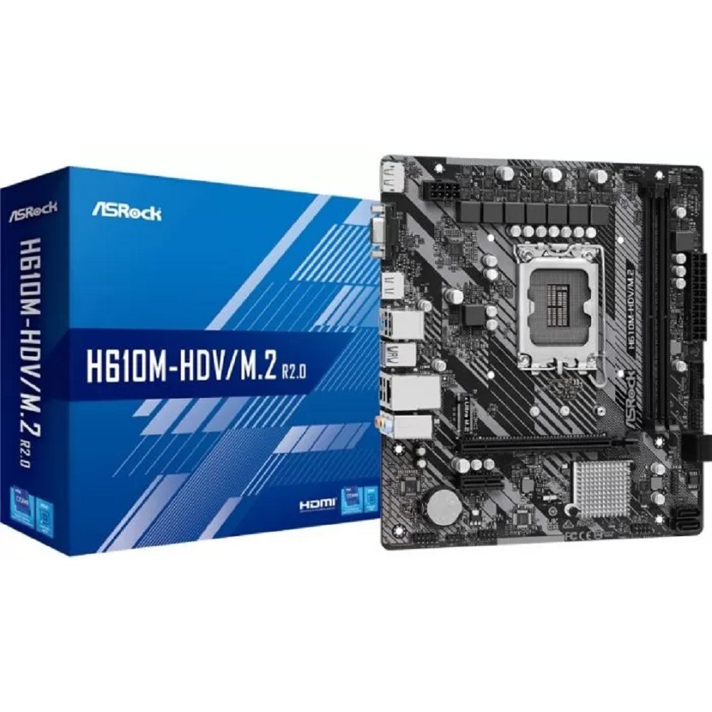 Фото Материнская плата ASRock H610M-HDV/M.2 R2.0, LGA 1700, Intel H610, 2xDDR4, 4xSATA, 1xM.2, 1xPCIe 4.0 x16, 1xPCIe x1, 1xDP, 1xHDMI, 1xVGA, 1x 1Gb LAN, 2xUSB-A 3.2 Gen 1, 4xUSB 2.0, 3x3.5 мм, 7.1, mATX