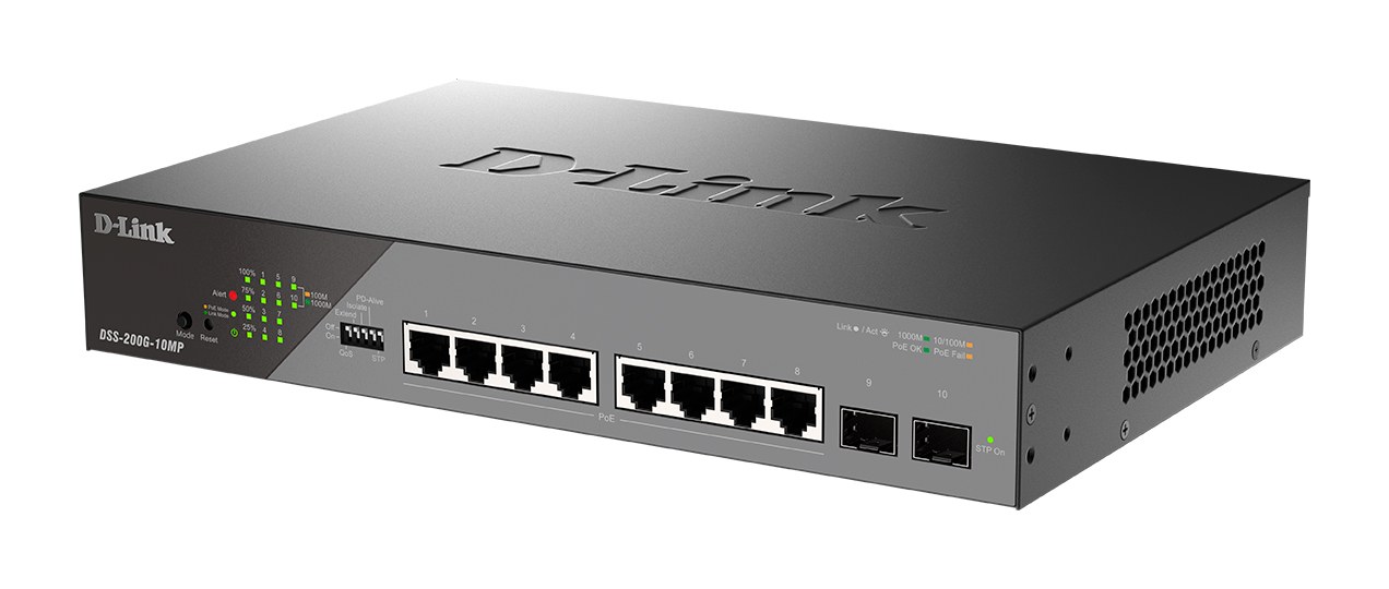 Фото Коммутатор D-Link DSS-200G-10MP/A1A, 8×1 Гбит/с + 2×1 Гбит/с SFP, настраиваемый