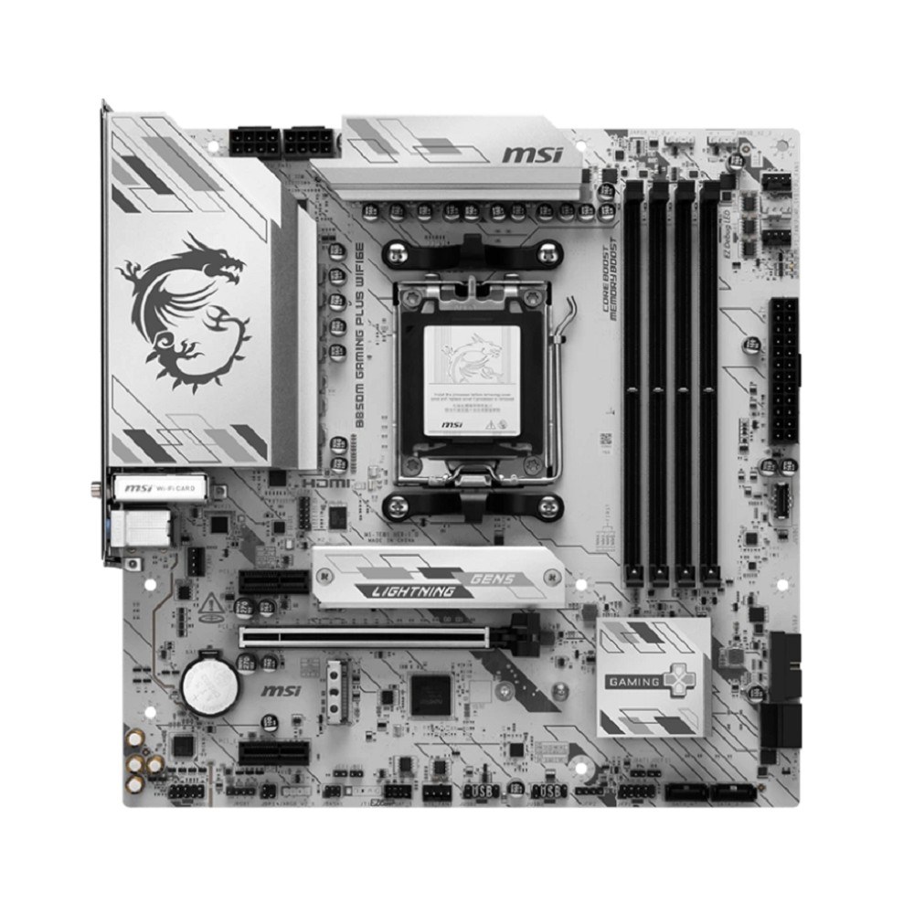 Фото Материнская плата MSI B850M GAMING PLUS WIFI6E, AM5, AMD B850, 4xDDR5, 4xSATA, 2xM.2, 1xPCIe 4.0 x16, 2xPCIe x1, 1xDP, 1xHDMI, 1x2.5Gb LAN, Wi-Fi 6E, Bluetooth 5.3, 4xUSB-A 5Gbps, 3xUSB-A 10Gbps, 1xUSB-C 10Gbps, 3x3.5 мм, 7.1, mATX