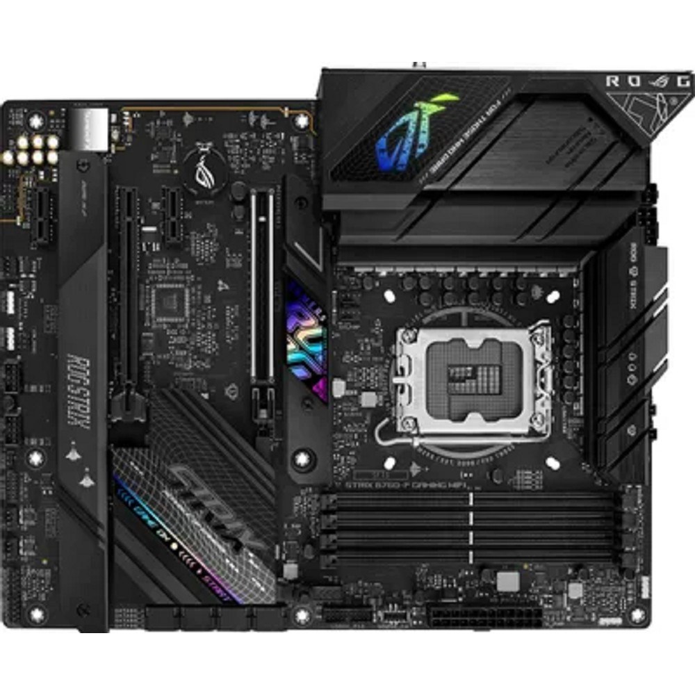 Фото Материнская плата ASUS ROG STRIX B760-F GAMING WIFI, LGA 1700, Intel B760, 4xDDR5, 4xSATA, 3xM.2, 1xPCI-E 5.0 x16, 1xPCI-E 3.0 x4, 1xHDMI, 1xDP, 1x 2.5Gb LAN, 1xUSB-A 3.2 Gen 2, 6xUSB-A 3.2 Gen 1, 1xUSB-C 3.2 Gen 2x2, 5x3.5 мм, 7.1, Standard-ATX