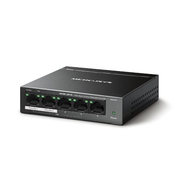 Фото Коммутатор настольный Mercusys MS105GP с 5 гигабитными портами (4 порта PoE+)