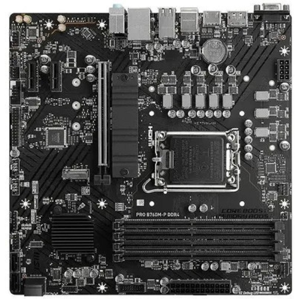 Фото Материнская плата MSI PRO B760M-P DDR5, LGA 1700, Intel B760, 4xDDR5, 4xSATA, 2xM.2, 1xPCIe 4.0 x16, 2xPCIe 3.0 x1, 1xHDMI, 1xDP, 1xVGA, 1x1Gb LAN, 4xUSB-A 2.0, 1xUSB-A 3.2 Gen 1, 1xUSB-C 3.2 Gen 2, 3x3.5 мм, 7.1, mATX