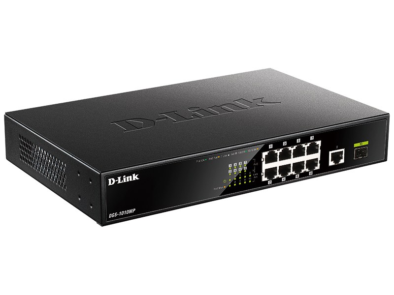 Фото Коммутатор D-Link DGS-1010MP/A1A, L2 Unmanaged Switch with 9 10/100/1000Base-T portsand 1 1000Base-X SFPports(8 PoE ports 802.3af/802.3at (30 W), PoE Budget 125 W)