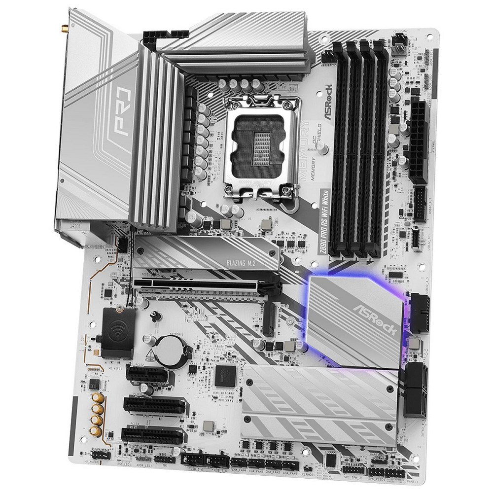 Фото Материнская плата ASRock Z890 Pro RS WiFi белый, LGA 1851, Intel Z890, 4xDDR5, 4xSATA, 4xM.2, 1xPCIe 5.0 x16, 2xPCIe 4.0 x16, 1xPCIe x1, 2xUSB-C Thunderbolt 4, 4xUSB-A 3.2 Gen 1, 1xUSB-A 3.2 Gen 2, 1xHDMI, 1xDP, 1x2.5Gb LAN, 5x3.5 мм, 7.1, ATX