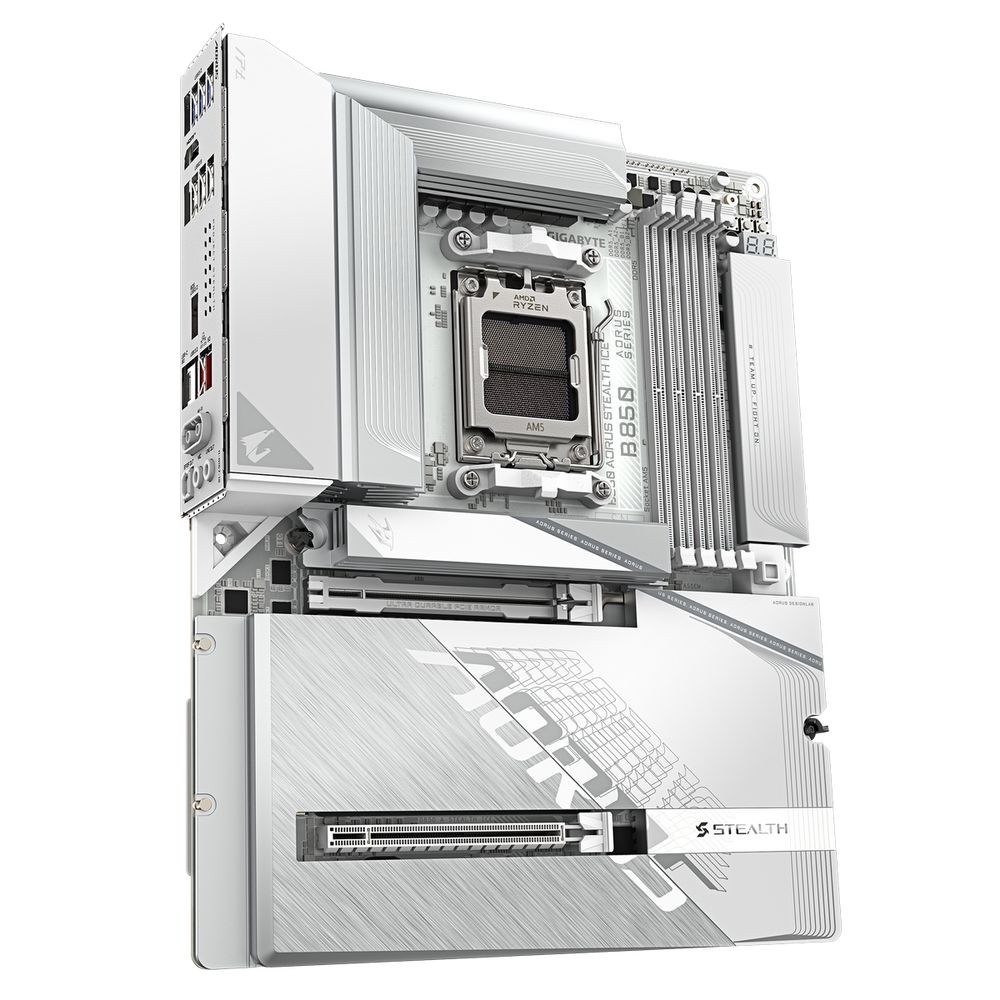 Фото Материнская плата Gigabyte B850 AORUS STEALTH ICE, AM5, AMD B850, 4xDDR5, 2xSATA, 4xM.2, 1xPCIe 5.0 x16, 1xPCIe 4.0 x4, 1xHDMI, 1x5Gb LAN, Wi-Fi 7, Bluetooth 5.4, 1xUSB-C 10Gbps, 2xUSB-A 10Gbps, 4xUSB-A 5Gbps, 4xUSB-A 2.0, 2x3.5 мм, 7.1, ATX