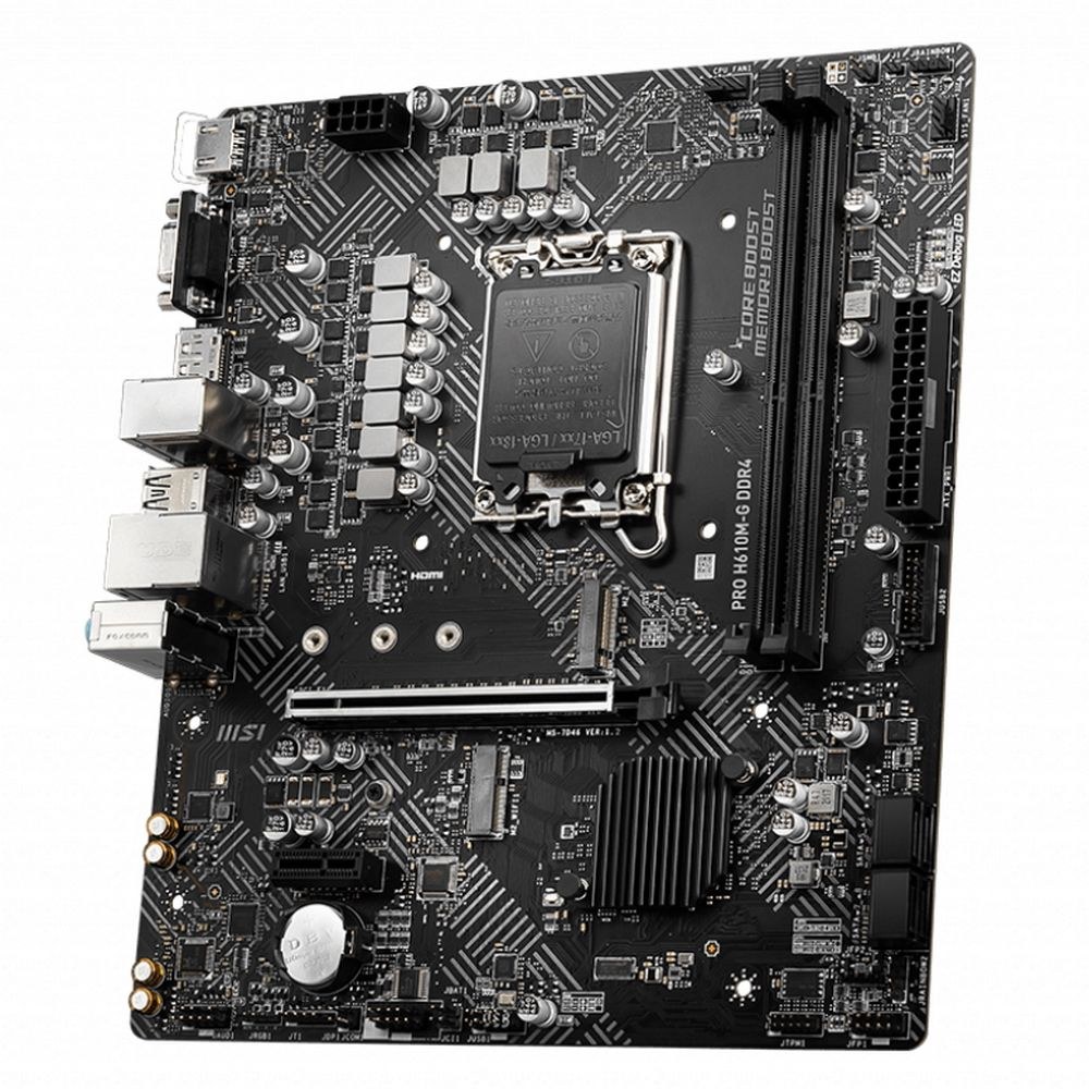 Фото Материнская плата MSI PRO H610M-G, LGA 1700, Intel H610, 2xDDR5, 4xSATA, 1xM.2, 1xPCIe 4.0 x16, 1xPCIe 3.0 x1, 1xHDMI, 1xDP, 1xVGA, 1xRJ45 1Gb, 2xUSB-A 3.2 Gen 1, 4xUSB-A 2.0, 3x3.5мм, 7.1, mATX