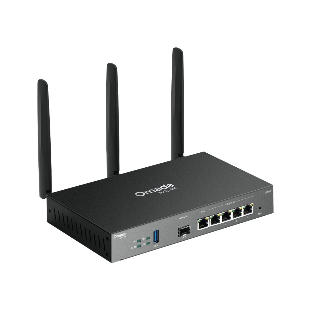 Фото VPN-маршрутизатор TP-Link ER706W Omada с гигабитными портами и поддержкой Wi-Fi AX3000, 1 гиг. SFP WAN/LAN, 1 гиг. RJ45 WAN, 4 гиг. RJ45 WAN/LAN, USB 3.0, до 574 М/с на 2,4 ГГц + до 2402 М/с