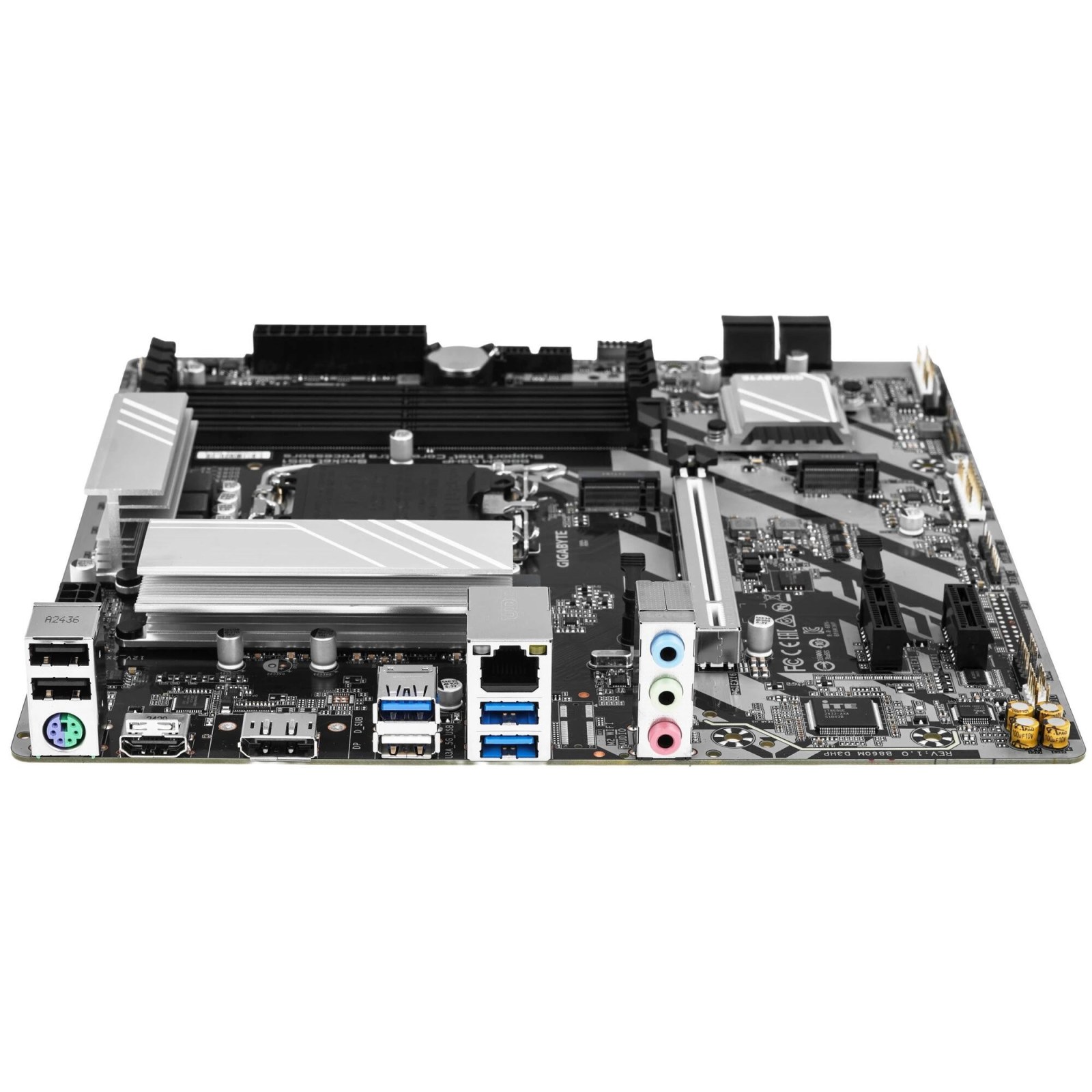 Фото Материнская плата Gigabyte B860M D3HP, LGA 1851, Intel B860, 4xDDR5, 4xSATA, 2xM.2, 1xPCIe 5.0 x16, 2xPCIe x1, 1xHDMI, 1xDP, 1x 1Gb LAN, 3xUSB-A 3.2 Gen 1, 3xUSB-A 2.0, 1xUSB-C 3.2 Gen 1, 3x3.5 мм, 7.1, mATX
