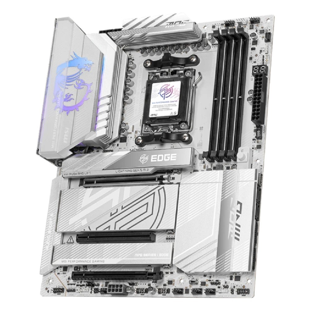 Фото Материнская плата MSI MPG X870E EDGE TI WIFI, AM5, AMD X870E, 4xDDR5, 4xSATA, 4xM.2, 1xPCIe 5.0 x16, 1xPCIe 4.0 x4, 1xPCIe 3.0 x1, 1xHDMI (v2.1), 1xUSB-C 10Gbps, 1x5Gb LAN, Wi-Fi 7, Bluetooth 5.4, 2xUSB-C 40Gbps, 5xUSB-A 10Gbps, 4xUSB-A 2.0, 2x3.5 мм, S/P