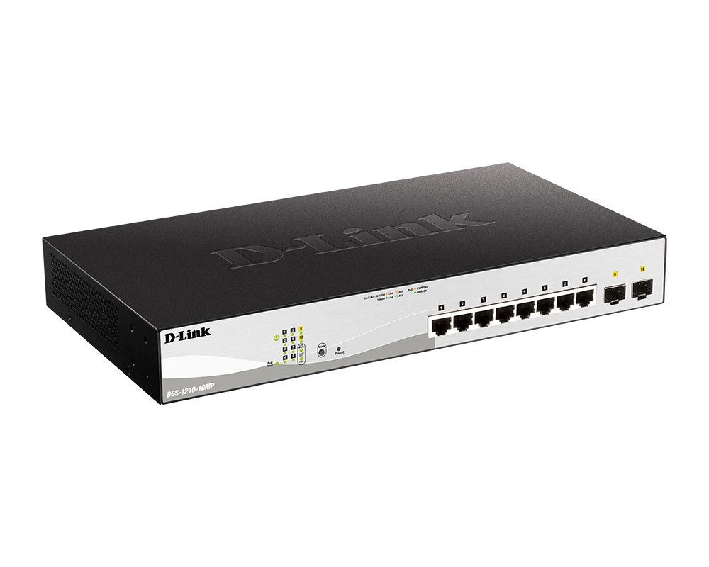 Фото Коммутатор D-Link DGS-1210-10MP/F1A Настраиваемый коммутатор WebSmart с 8 портами 10/100/1000Base-T и 2 портами 1000Base-X SFP (8 портов с поддержкой PoE 802.3af/802.3at (30 Вт), PoE-бюджет 130 Вт)