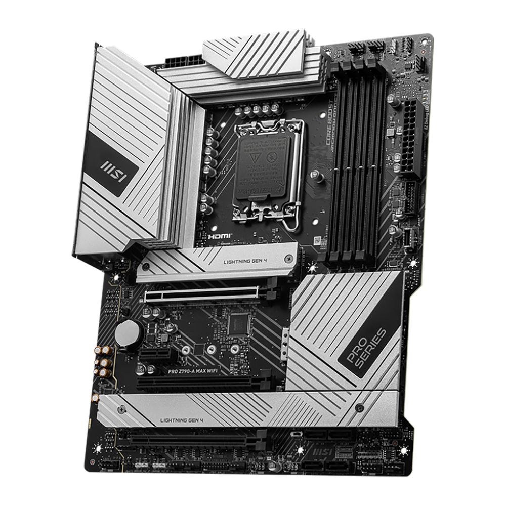 Фото Материнская плата MSI PRO Z790-A MAX WIFI, LGA 1700, Intel Z790, 4xDDR5, 6xSATA, 4xM.2, 1xPCI-E 5.0 x16, 1xPCI-E 4.0 x16, 1xPCI-E 3.0 x16, 1xPCI-E x1, 1xHDMI, 1xDP, 1x2.5Gb LAN, 2xUSB-A 2.0, 2xUSB-A 3.2 Gen 1, 3xUSB-A 3.2 Gen 2, 1xUSB-C 3.2 Gen 2x2, 5x3.5