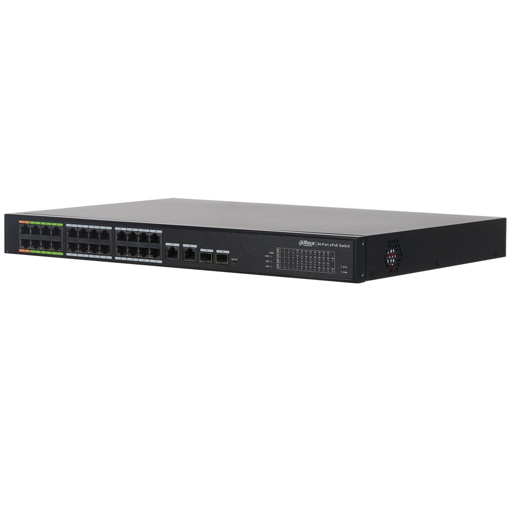 Фото Коммутатор Dahua DH-LR2226-24ET-360, 24×100 Мбит/с + 2×1 Гбит/с + 2×1 Гбит/с Combo, управляемый