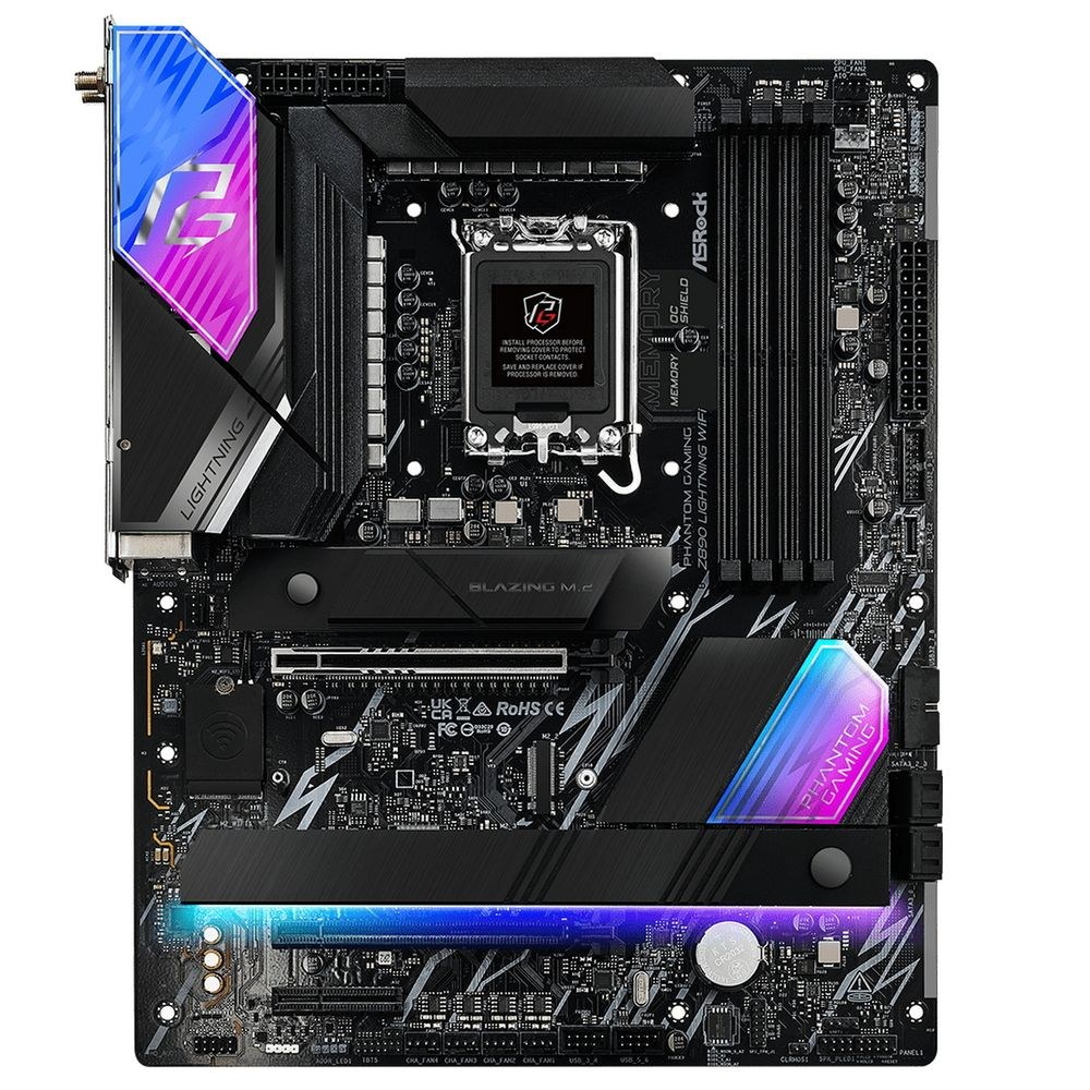 Фото Материнская плата ASRock Phantom Gaming Z890 LIGHTNING WIFI, LGA 1851, Intel Z890, 4xDDR5, 4xSATA, 4xM.2, 1xPCIe 5.0 x16, 1xPCIe 4.0 x4, 1xUSB-C Thunderbolt 4, 2xUSB-A 3.2 Gen 2, 4xUSB-A 3.2 Gen 1, 1xHDMI, 1x2.5Gb LAN, 5x3.5 мм, 7.1, ATX