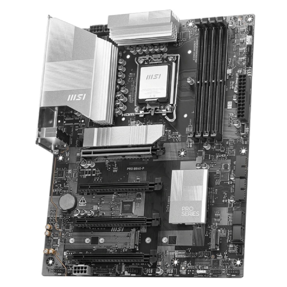 Фото Материнская плата MSI PRO B860-P, LGA 1851, Intel B860, 4xDDR5, 4xSATA, 3xM.2, 1xPCIe 5.0 x16, 1xPCIe 4.0 x4, 2xPCIe 4.0 x1, 1xHDMI, 1xDP, 1xUSB-C, 1x 5Gb LAN, 2xUSB-A 3.2 Gen 2, 2xUSB-A 3.2 Gen 1, 4xUSB-A 2.0, 3x3.5 мм, 7.1, ATX