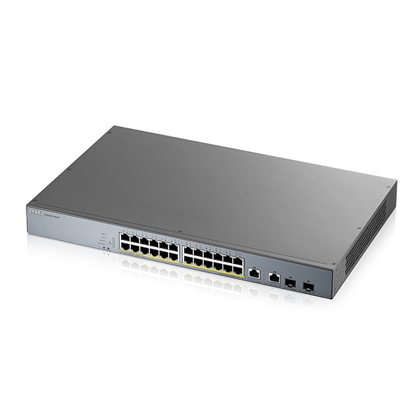 Фото Коммутатор Zyxel GS1350-26HP, 24xGE PoE+, 2xCombo (SFP/RJ-45), бюджет PoE 375 Вт, дальность передачи питания до 250 м, автоперезагрузка PoE-портов, повышенная защита от перенапряжений и электростатических разряд