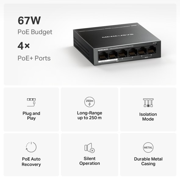 Фото Коммутатор настольный Mercusys MS106P с 6 портами 10/100 Мбит/с (4 порта PoE+)