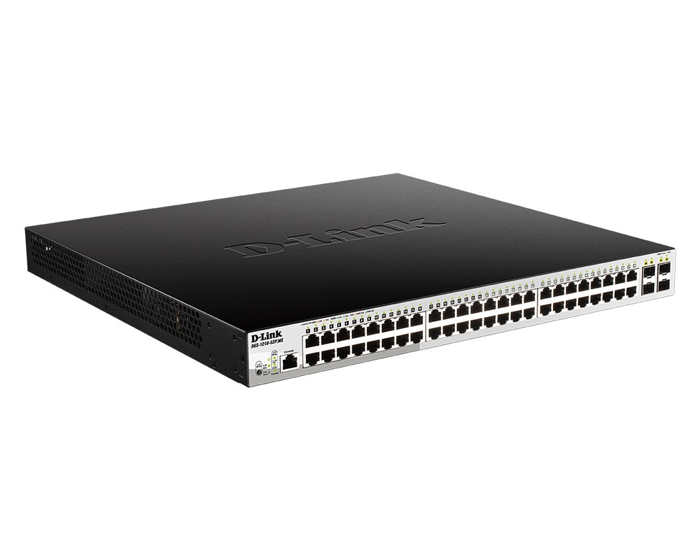 Фото Коммутатор D-Link DGS-1210-52P/ME/B1A, L2 Managed Switch with 48 10/100/1000Base-T ports and 4 1000Base-X SFP ports (8 PoE ports 802.3af/802.3at (30 W), 16 PoE ports 802.3af (15,4 W), PoE Budget 193 W). 16K Mac