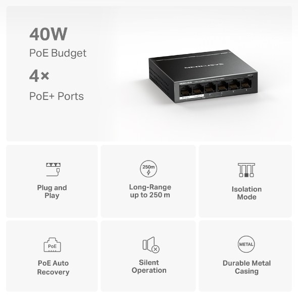 Фото Коммутатор настольный Mercusys MS106LP с 6 портами 10/100 Мбит/с (4 порта PoE+)