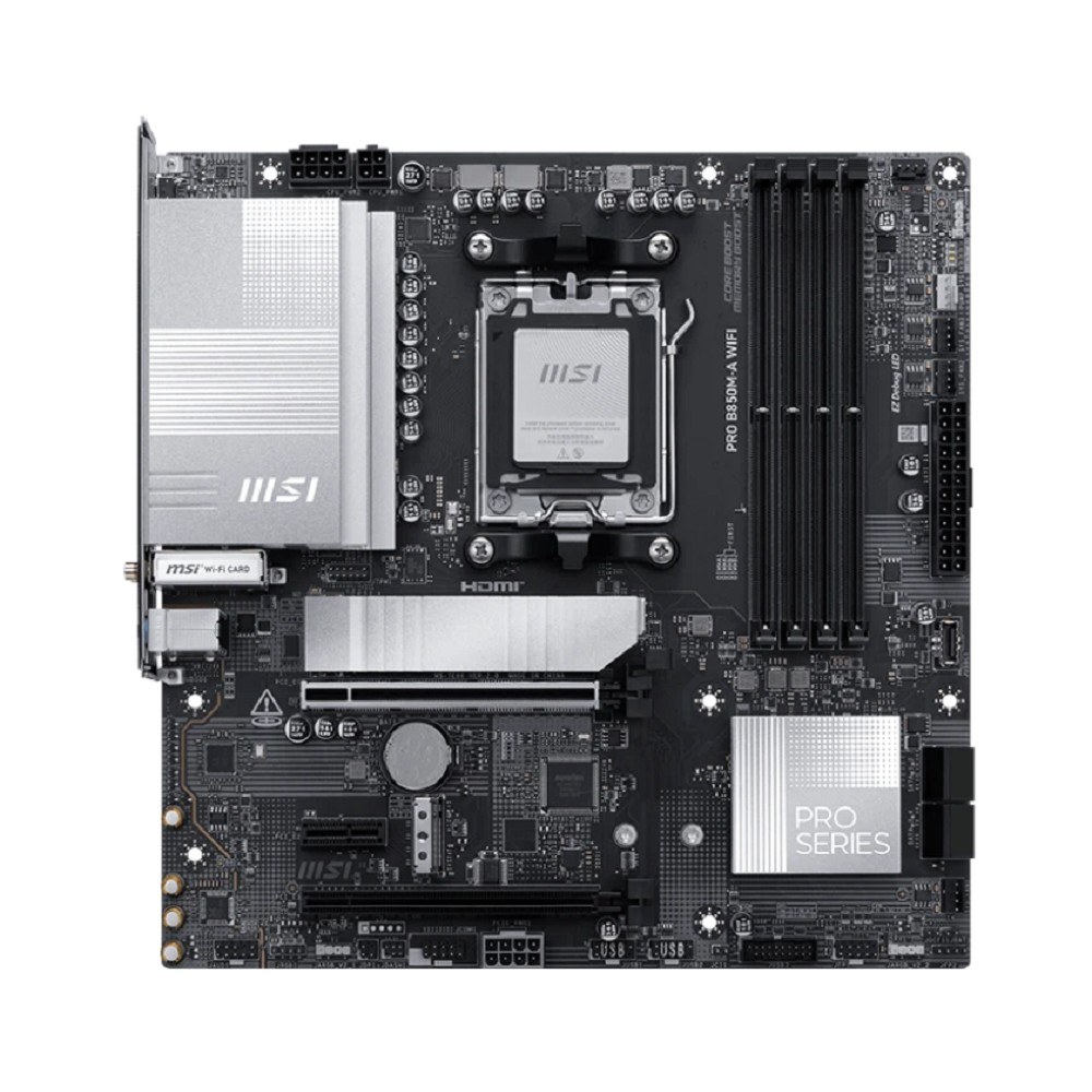 Фото Материнская плата MSI PRO B850M-A WIFI, AM5, AMD B850, 4xDDR5, 4xSATA, 2xM.2, 1xPCIe 5.0 x16, 1xPCIe 4.0 x4, 1xPCIe 3.0 x1, 1xHDMI (v2.1), 1xDP (v1.4), 1x5Gb LAN, Wi-Fi 7, Bluetooth 5.4, 2xUSB-C 10Gbps, 3xUSB-A 10Gbps, 3xUSB-A 5Gbps, 2x3.5 мм, 7.1, mATX