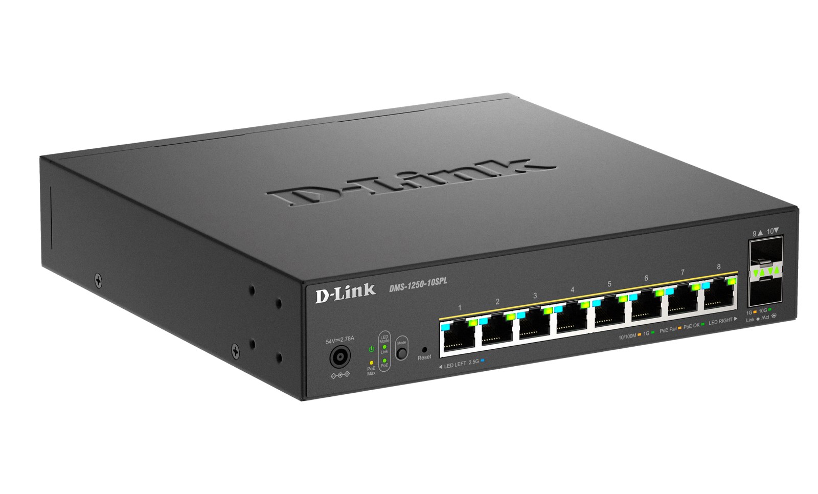 Фото Коммутатор D-Link DMS-1250-10SPL/A1A/6KV, 8×2,5 Гбит/с PoE (2×60 Вт PoE++) + 2×10 Гбит/с SFP+, управляемый
