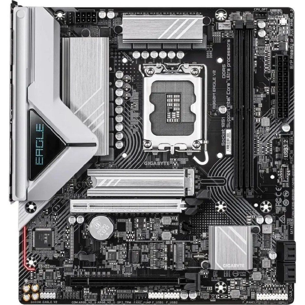 Фото Материнская плата Gigabyte B860M EAGLE V2, LGA1851, Intel B860, 2xDDR5, 4xSATA, 2xM.2, 1xPCIe 5.0 x16, 1xPCIe 4.0 x4, 1xDP, 1xHDMI, 1x2.5Gb LAN, 3xUSB-A 5Gbps, 7xUSB-A 2.0, 1xUSB-C 5Gbps, 3x3.5 мм, 7.1, mATX