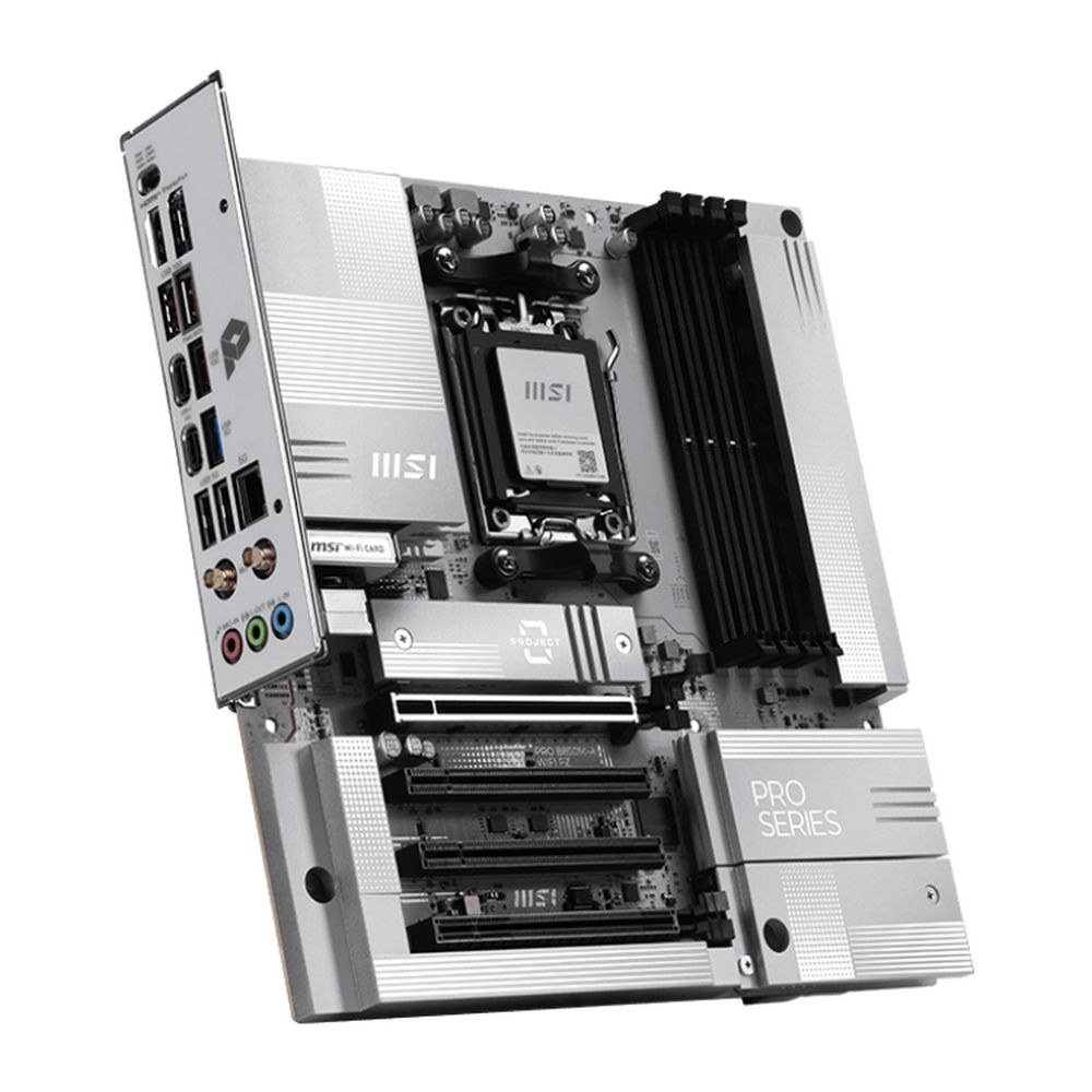 Фото Материнская плата MSI PRO B850M-A WIFI, AM5, AMD B850, 4xDDR5, 4xSATA, 2xM.2, 1xPCIe 5.0 x16, 1xPCIe 4.0 x4, 1xPCIe 3.0 x1, 1xDP, 1xHDMI, 1x5Gb LAN, Wi-Fi 7, Bluetooth 5.4, 2xUSB-C 10Gbps, 3xUSB-A 10Gbps, 3xUSB-A 5Gbps, 4xUSB-A 2.0, 3x3.5 мм, 7.1, mATX