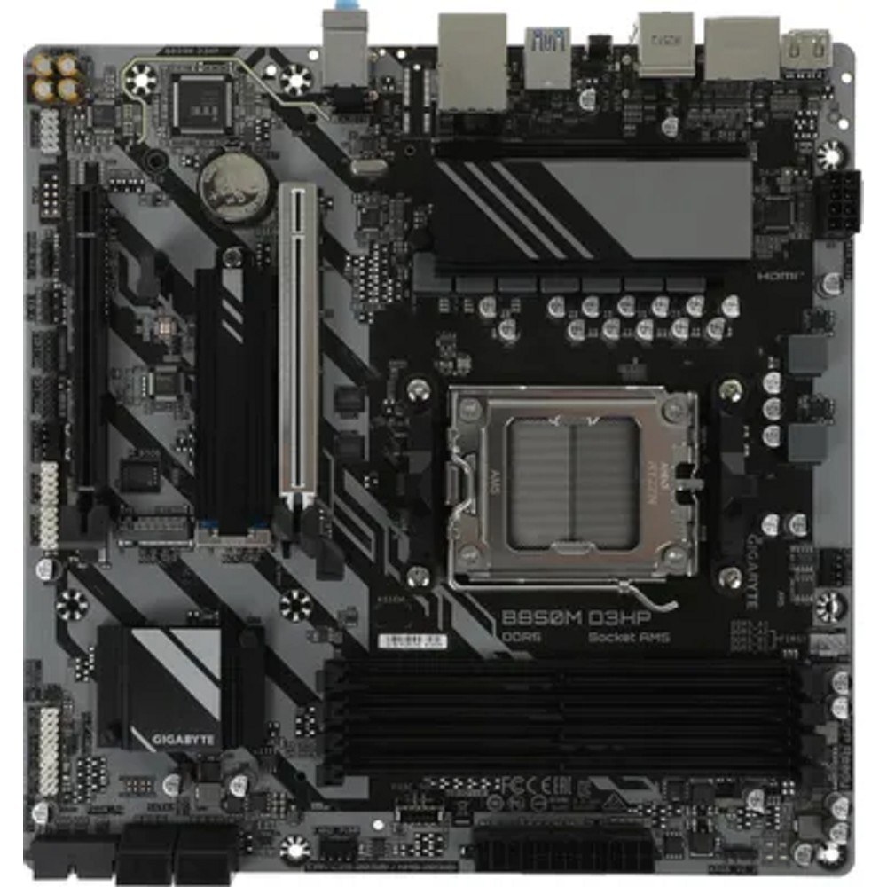 Фото Материнская плата Gigabyte B850M D3HP, AM5, AMD B850, 4xDDR5, 4xSATA, 2xM.2, 1xPCIe 5.0 x16, 1xPCIe 3.0 x4, 1xHDMI, 2xDP, 1x 1Gb LAN, 3xUSB-A 3.2 Gen 1, 2xUSB-A 2.0, 1xUSB-C 3.2 Gen 1, 3x3.5 мм, 7.1, mATX