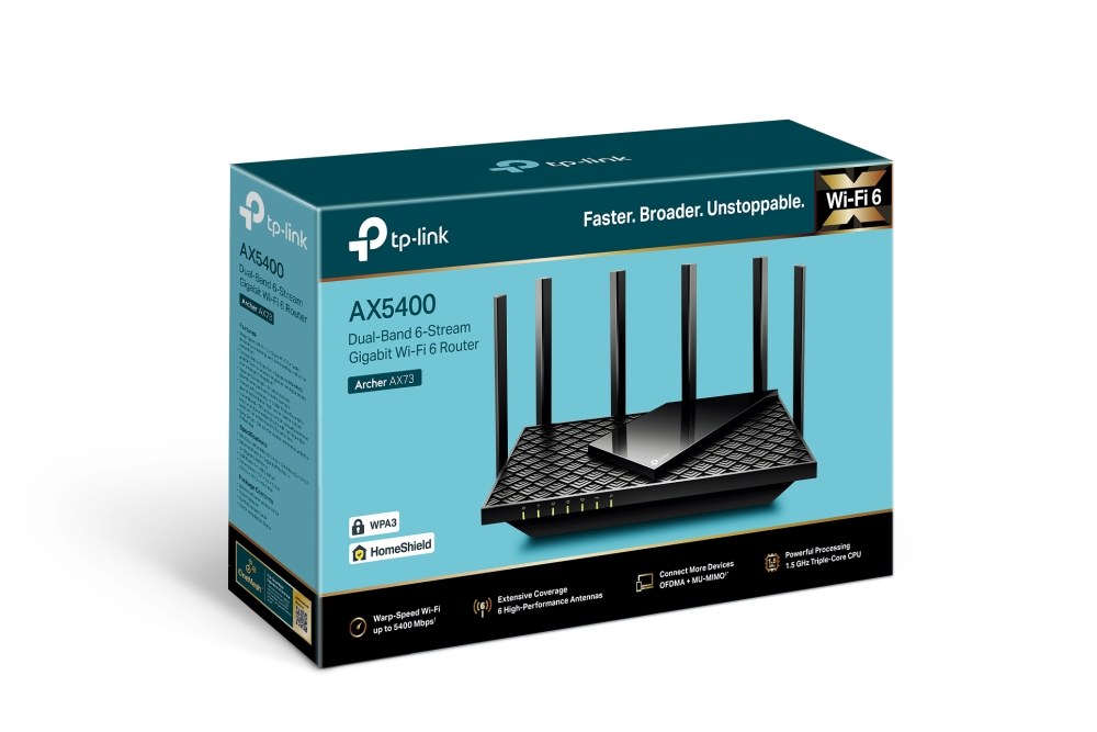 Фото Роутер TP-Link Archer AX73 AX5400 Dual Band Wireless Gigabit Router, 1.5 GHz Tri-Core CPU, 1 GE WAN + 4 GE LAN ports, 1× USB 3.0 Port, support 1024-QAM, OFDMA, MU-MIMO, Airtime Fairness, Beamforming, 160MHz Channel Width, come with HomeShieldTM, support R