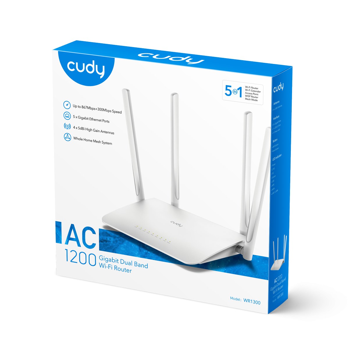 Фото Маршрутизатор CUDY WR1300 V5 AC1200 Gigabit Wi-Fi Mesh Router WR1300 V5 AC1200 Gigabit Dual Band Wi-Fi Mesh Router, Chipset MediaTek, 5 × 10/100/1000Mbps RJ45 Ports, 4 x 5dBi fixed antennas,  WiFi router/AP/ Repeater/WISP Mode, 802.11ac/a/b/g/n, 867Mbps a