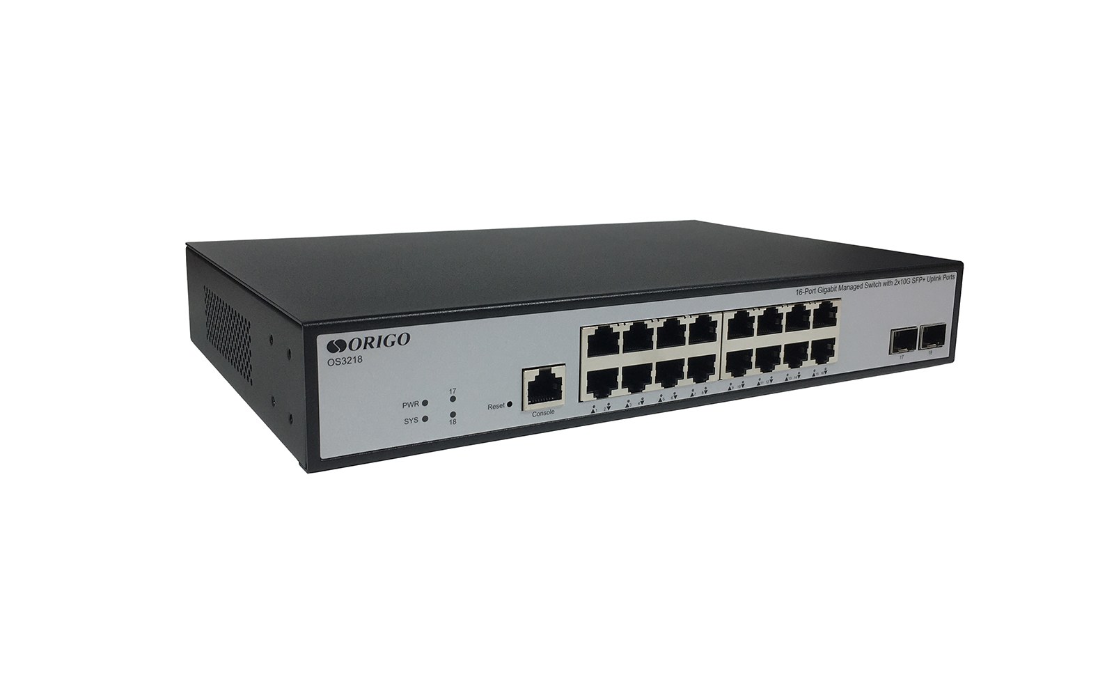 Фото Коммутатор управляемый ORIGO OS3218/A1A, L3, 16x1000Base-T, 2x10Gbase-X SFP+, консольный порт RJ-45, комплект для установки в 19" стойку