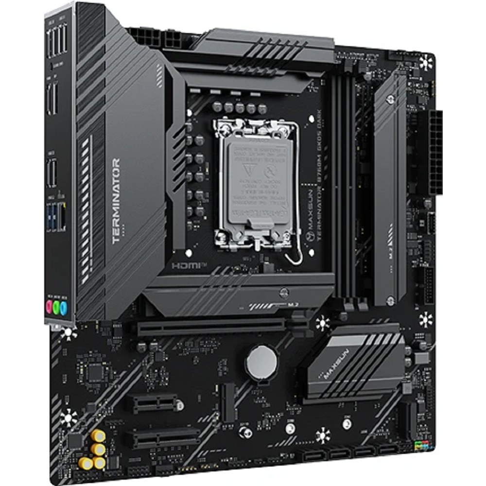 Фото Материнская плата Maxsun MS-Terminator B760M GKD5 DARK, LGA1700, Intel B760, 2xDDR5, 4xSATA, 3xM.2, 1xPCIe 4.0 x16, 1xPCIe 4.0 x4, 1xPCIe 3.0 x1, 1xHDMI, 1xDP, 1x2.5Gb LAN, 1xUSB-C 20Gbps, 2xUSB-A 10Gbps, 3xUSB-A 2.0, 3x3.5 мм, 7.1, mATX