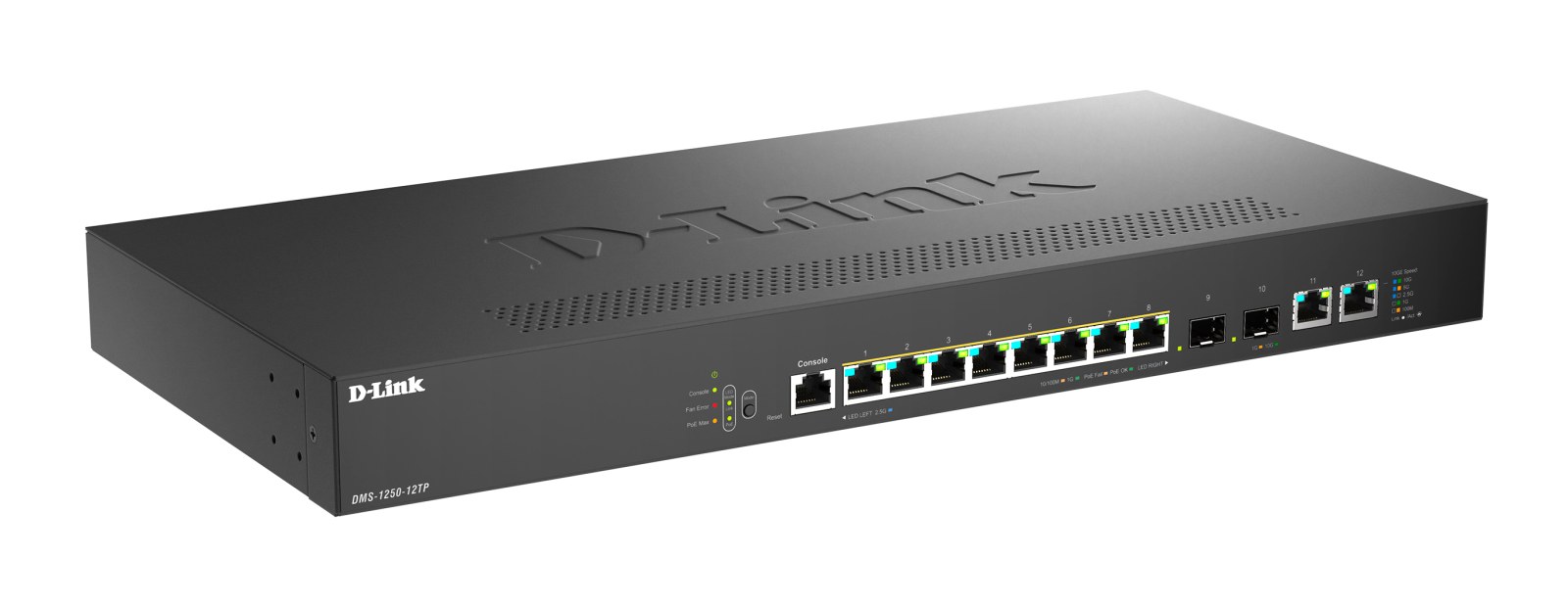 Фото Коммутатор управляемый L2 PoE D-Link DMS-1250-12TP/A1A/6KV, 8x2.5Gbase-T PoE, 2x10Gbase-T, 2x10Gbase-X SFP+, PoE-бюджет 240 Вт, защита от статического электричества до 6 кВ, CLI, консольный порт RJ-45